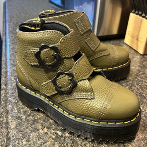 New Dr. Martens Devon Flower Buckle Platform Leather Boot